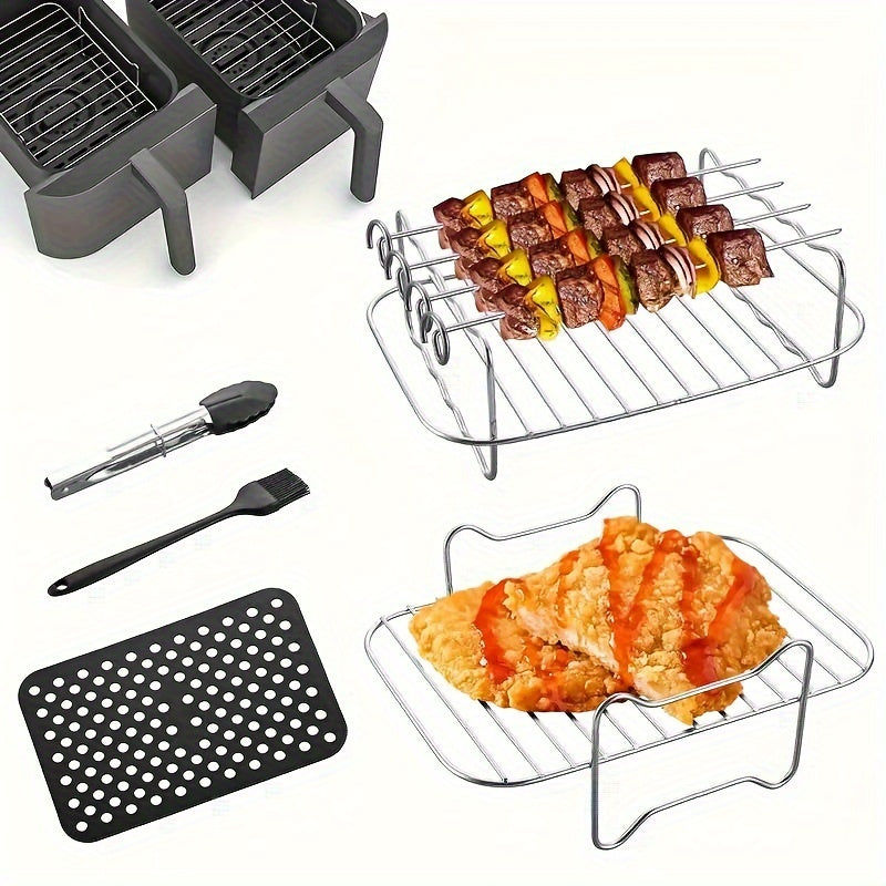 Durable Stainless Steel Air Fryer Rack with Four Skewers - Multi-purpose BBQ Grill Accessory for Indoor and Outdoor Use, Ideal for Cooking in the Kitchen or Dining Area, Essential Barbecue Tools and Accessories