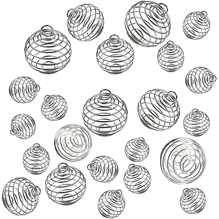 Set of 30 Spiral Bead Cage Pendants in 3 Different Sizes, Silver Finish, Perfect for Necklaces and Jewelry Making Projects