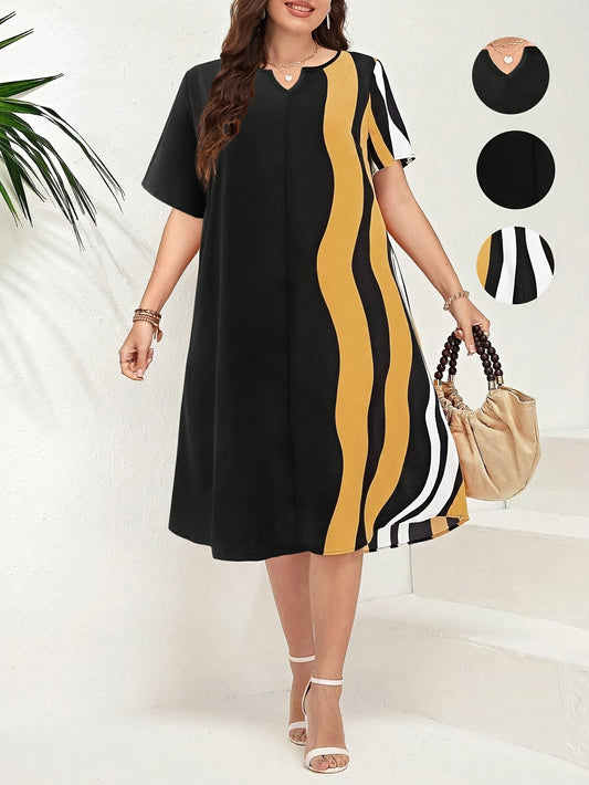 Elegant, plus size wavy stripe color block dress with short sleeves and notched neck, perfect for spring and summer.