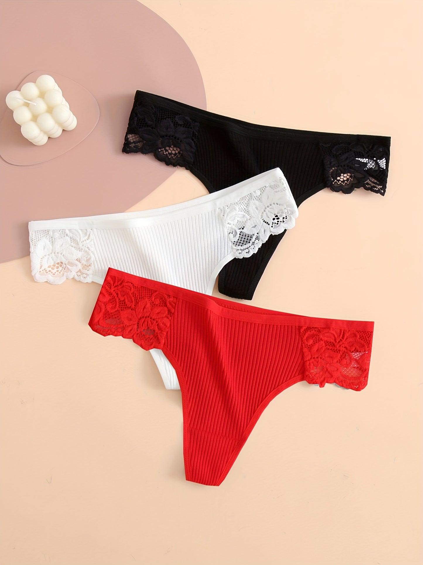 3 contrast lace thongs, soft and comfy ribbed panties, women's lingerie and underwear.