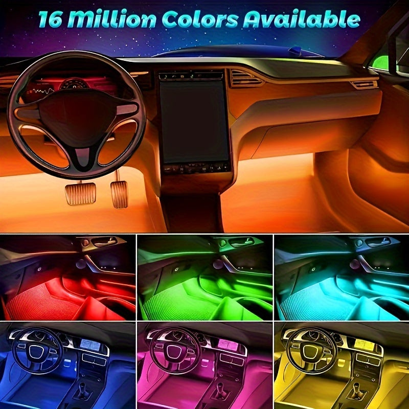 LED car interior lighting kit with music sync, USB-powered, ideal for parties and festivals, fits most vehicles.