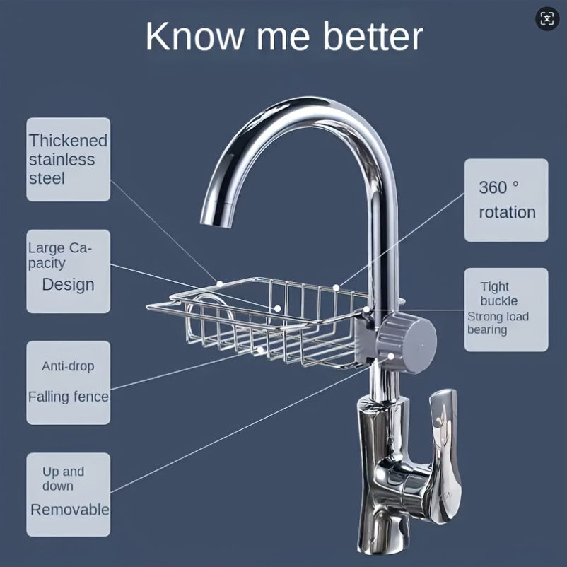 Adjustable Stainless Steel Kitchen Sink Caddy Organizer with Drainage - includes Faucet Sponge Holder, Towel Rack, and Multi-Function Storage for Kitchen Accessories