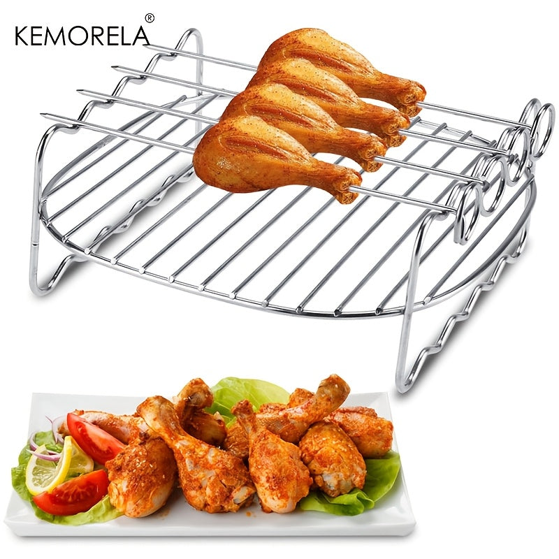 The KEMORELA Air Fryer Rack is a versatile set of 6 accessories designed for use in air fryer ovens. This double-layer rack includes skewers, a baking tray, a replacement BBQ rack, and a bacon fries chicken vegetables baking rack. Compatible with popular