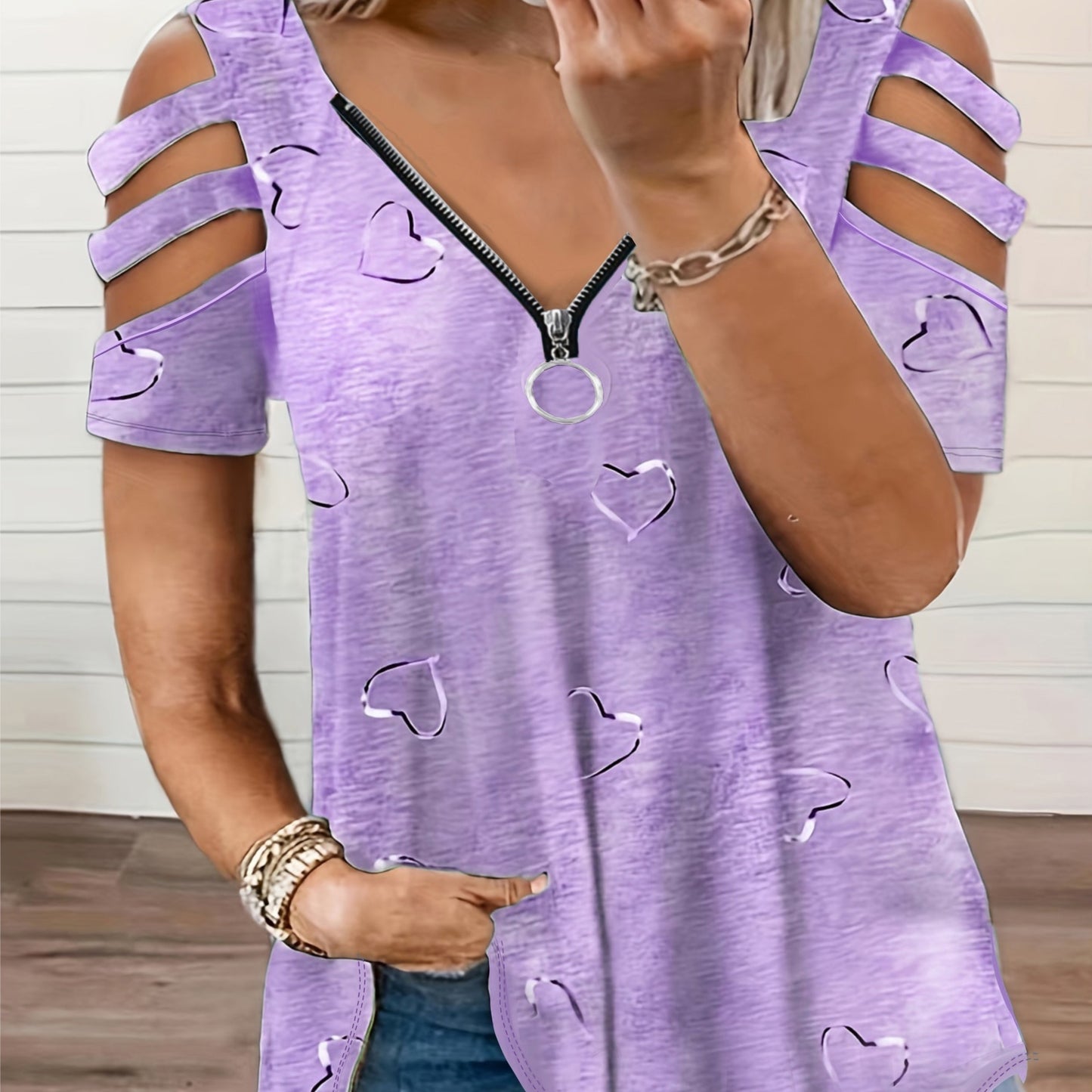 Plus Size Heart Print T-Shirt with Half Zip, Women's Casual Clothing