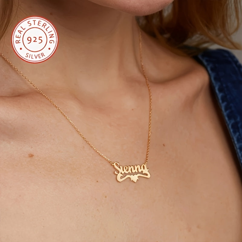 Elegant Vintage 925 Sterling Silver 14K Golden Plated Name Pendant Necklace with Heart. This dainty jewelry is perfect for women to wear daily or on their wedding day, making it an ideal Valentine's Day gift.