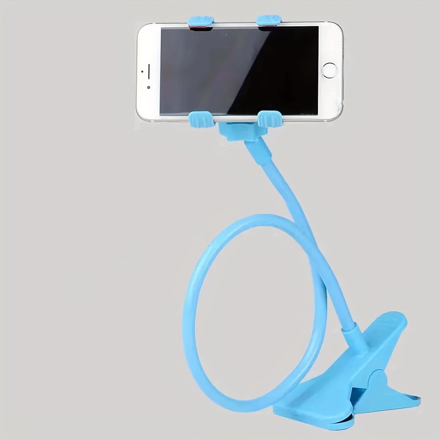 Flexible arm clamp stand for smartphones, adjustable for desktop or bedside use. Portable design allows for hands-free viewing with foldable convenience.