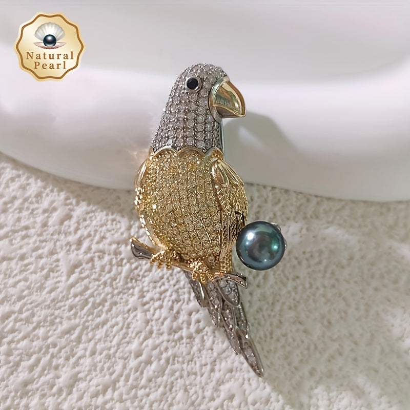 Vintage-style Elegant Parrot Brooch featuring a Natural Deep Sea Black Pearl, comes with a Perfect Gift Box