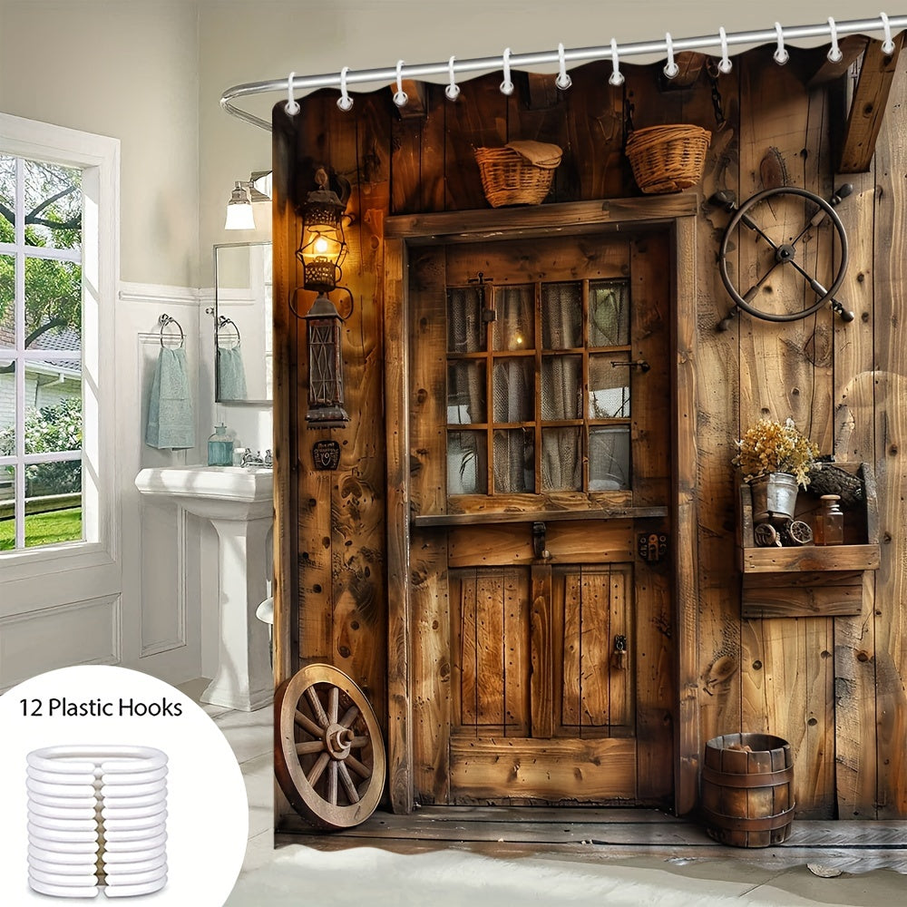 Farmhouse style shower curtain with vintage wooden wheel and lantern design, made of woven washable polyester. Includes hooks and suitable for all seasons.