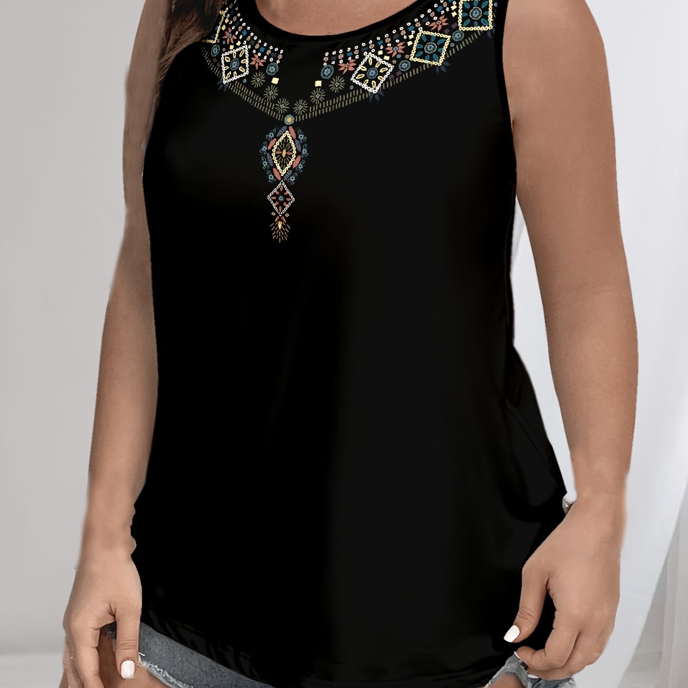 Stylish sleeveless tank top for plus-size Black women with Bohemian ethnic print.