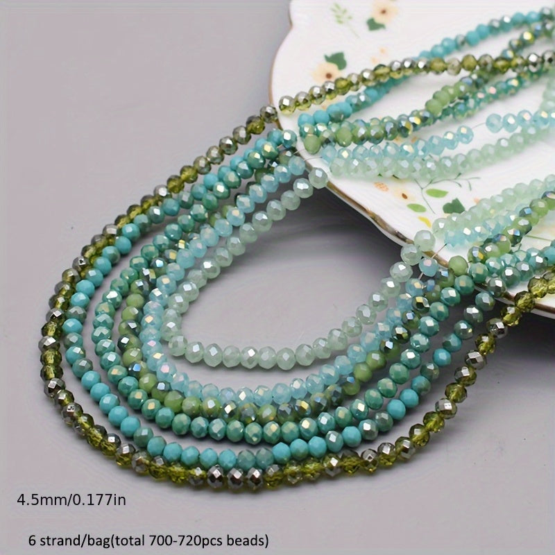 720 pieces of faceted glass rondelle beads measuring 4mm each, sold in a convenient bag. Perfect for crafting jewelry, DIY projects, and adding embellishments to clothing items such as necklaces, bracelets, and more.