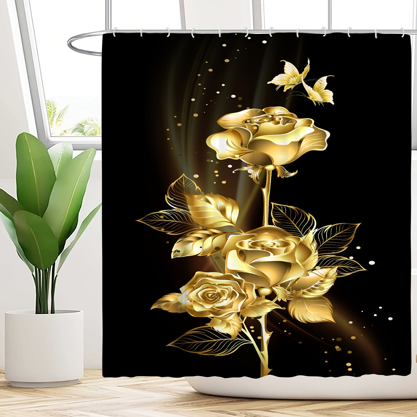 Black background and golden flower bathroom shower curtain set with toilet accessories.