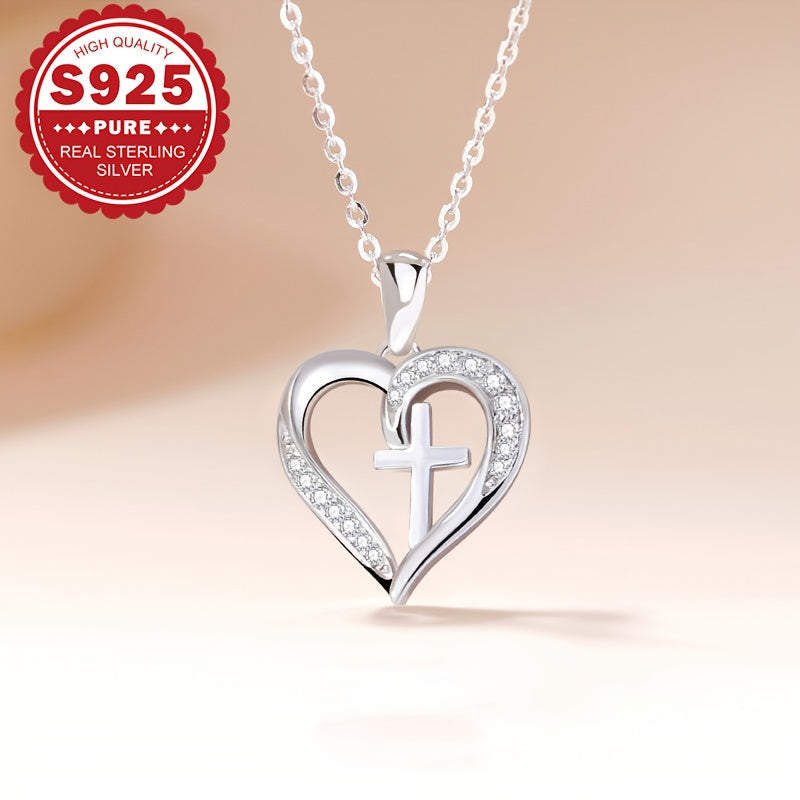 Elegantly designed heart cross pendant necklace made of Sterling Silver S925, adorned with Synthetic Zirconia. Hypoallergenic and lightweight at 4.5g, ideal for everyday wear or as a special Valentine's Day gift. Presented in a gift box for easy gifting.