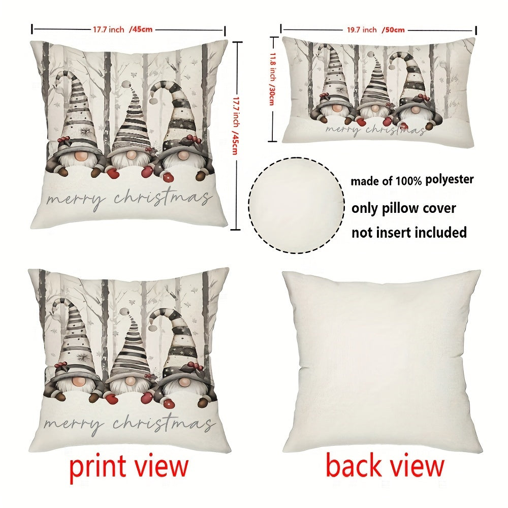 Rustic farmhouse Christmas pillow covers set with gnome snowflake tree design, hand washable polyester, zipper closure. Available in 2 sizes: 29.97cm x 50.04cm & 44.96cm x 44.96cm. Perfect for sofa, couch, living room, and bedroom decor. Pack of 1.