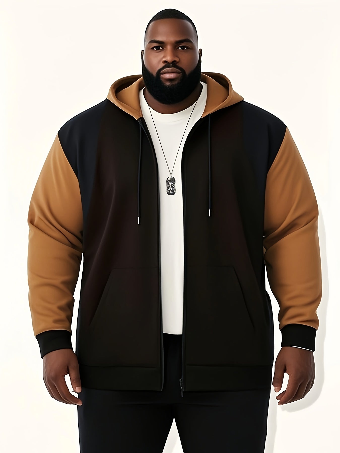 Men's plus size color block hoodie jacket - stylish and comfortable polyester zip-up with pockets, casual hooded sweatshirt, machine washable.