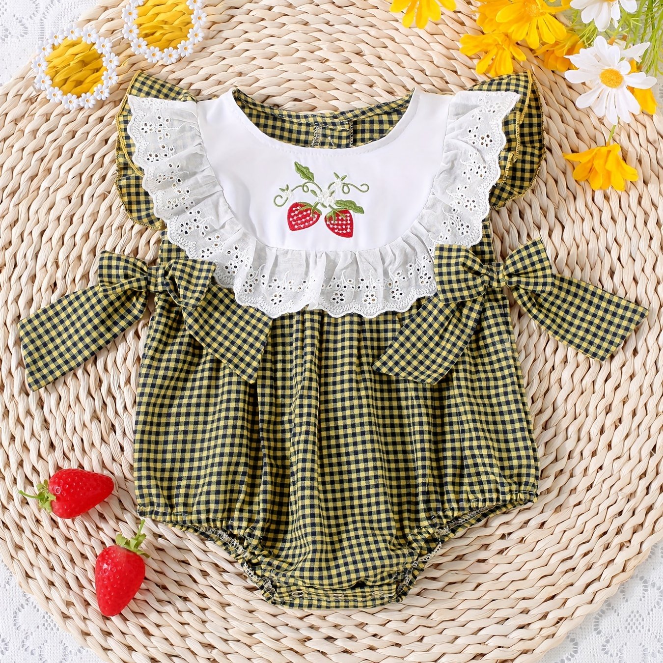 Infant girls' plaid onesie with strawberry embroidery and bow details, suitable for casual outdoor wear.