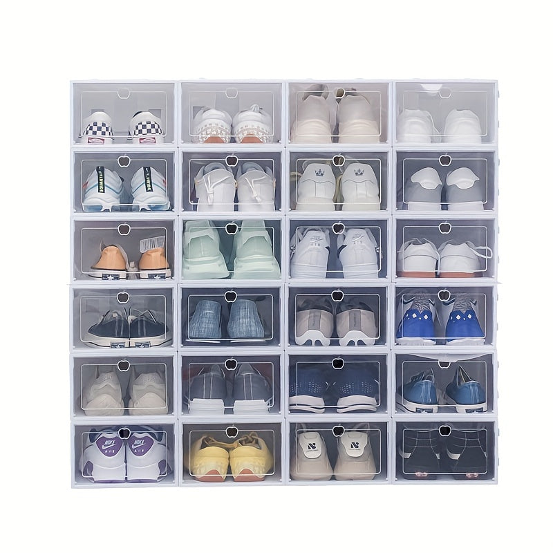 Set of 12 Large White Shoe Boxes, Transparent Plastic Storage Containers, Versatile Shoe Organizer for Dorm Rooms, Maximizes Space, Stackable Design, Easy Access Flip-Top Lid, Not Waterproof, Ideal for Home & Kitchen Organization