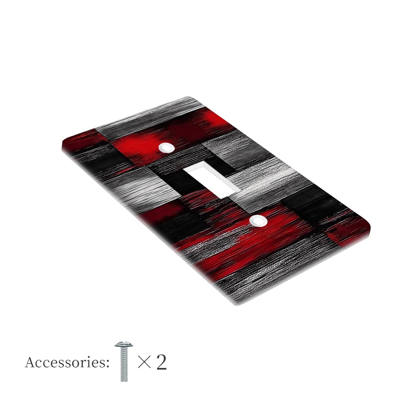 1pc decorative wall switch plate in red, black, and gray. No wiring or battery required. Durable mount for home and office decor. Fits toggle, duplex, and rocker outlets.