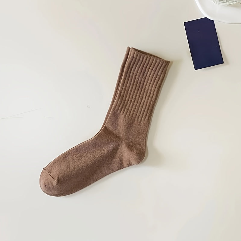 5 pairs unisex plain color crew socks, versatile and breathable for casual or sports wear.