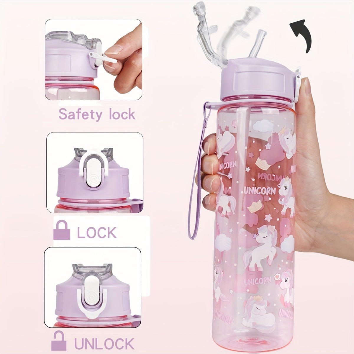 WhimsyWorks Cartoon Unicorn & Astronaut leak-proof water bottle made of PVC-free plastic for outdoor activities. Easy-open lid, hand wash only. Portable with woven handle, perfect for picnics, cycling, running, exercise. Great Christmas, Halloween