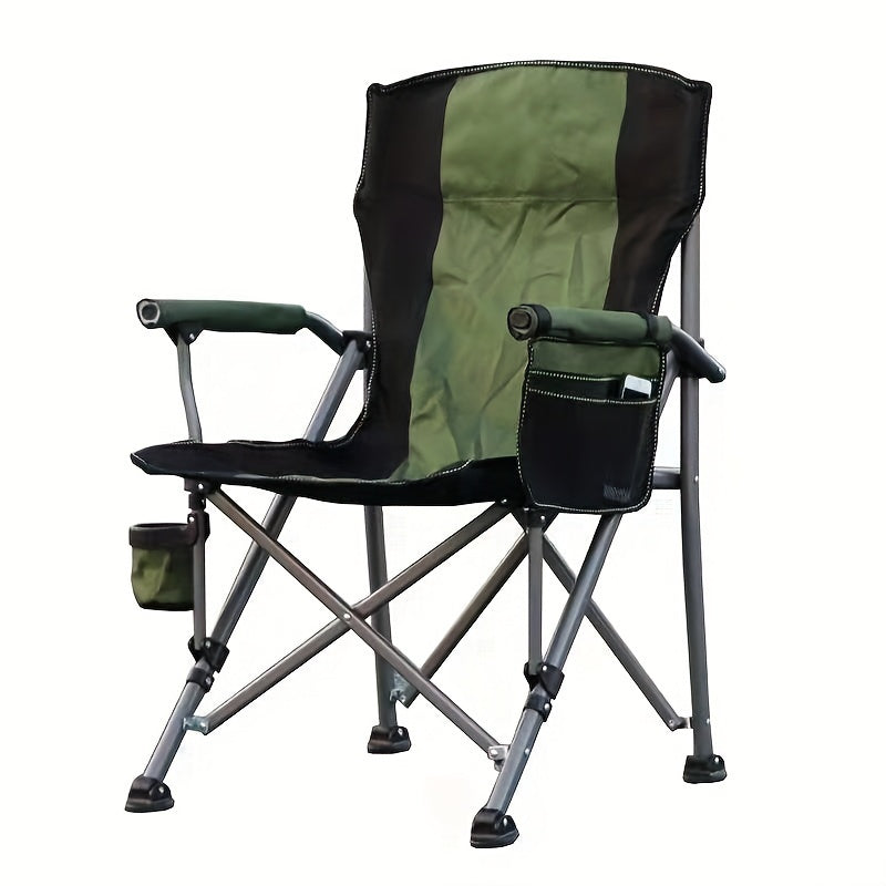 Large, portable outdoor chair made of 600D Oxford cloth with storage bag and cup holder. Ideal for camping, picnics, fishing, and outdoor events.