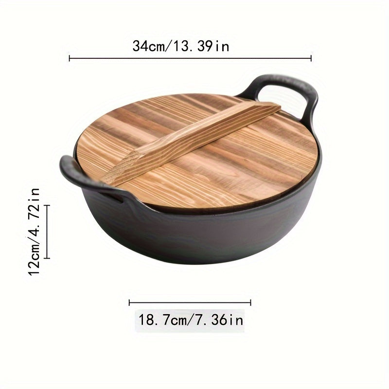 Multipurpose cast iron skillet with wooden lid - Great for frying, sautéing, and stewing - Must-have kitchen tool for home chefs