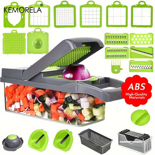 Introducing the KEMORELA 22-in-1 Multifunctional Vegetable Chopper & Fruit Slicer - a convenient manual food processor equipped with durable stainless steel blades. This versatile kitchen gadget includes an onion mincer, potato shredder, and egg cutter