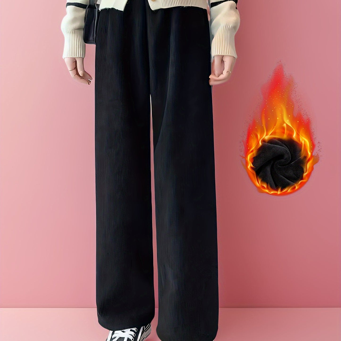 Warm and cozy fleece-lined winter pants for women, with wide legs and soft polyester blend for cold weather comfort.