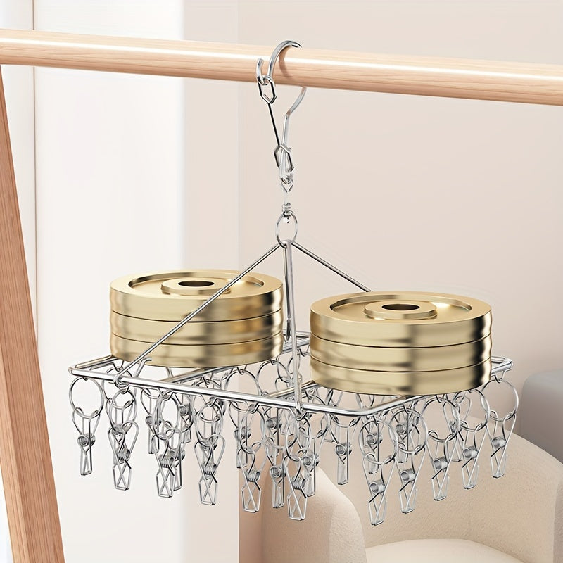 Essential Laundry Accessory: Stainless Steel Sock Drying Rack with Windproof Swivel Hook Hanger and 20/30/40 Clips for Socks, Bras, and Underwear