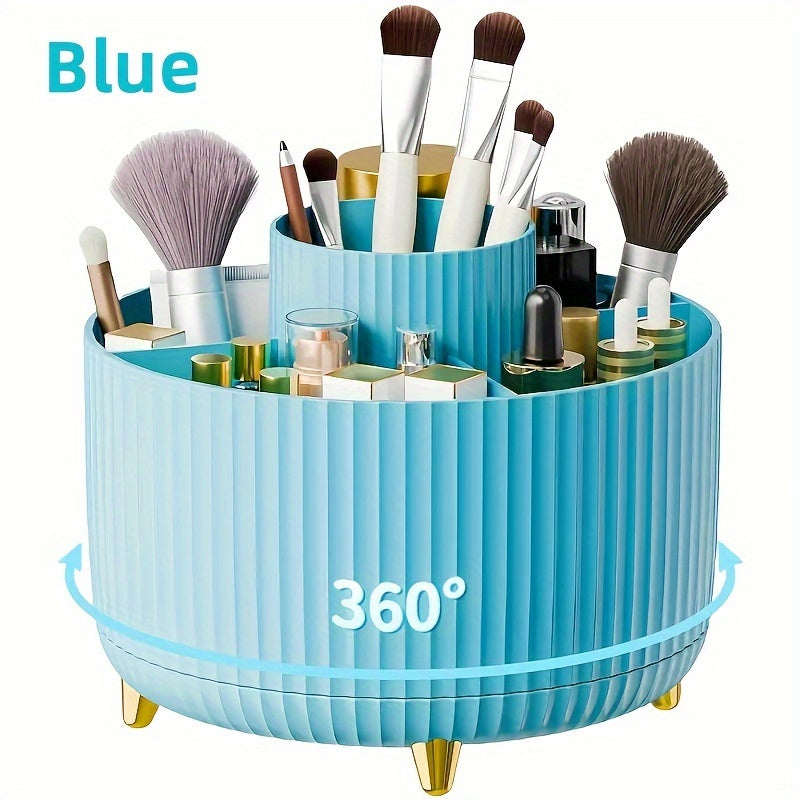 Makeup brush organizer with 360° rotation and 5 compartments for brushes, lipsticks, and stationery. Made of hypoallergenic plastic.