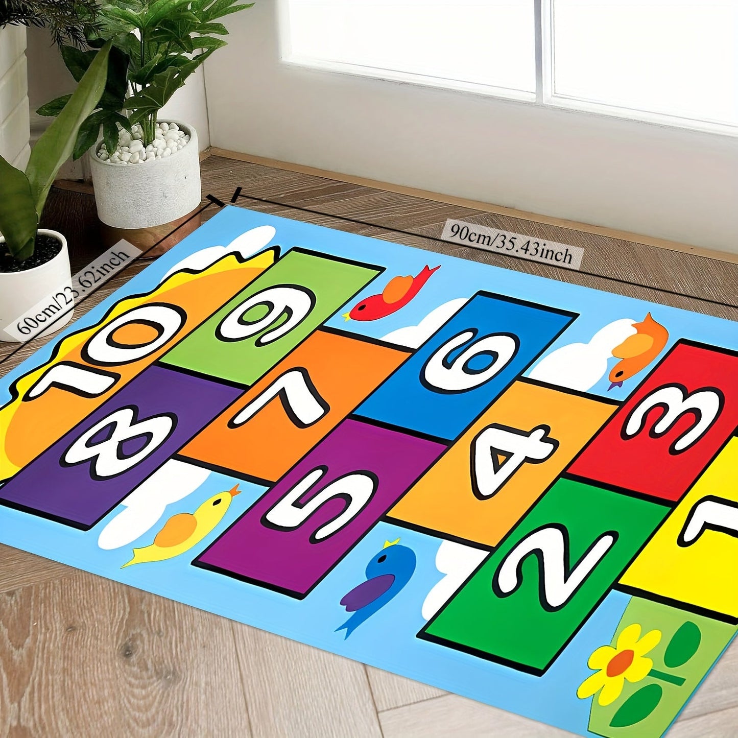 This Crystal Velvet Carpet features a classic hopscotch design, with playful cartoon prints perfect for kids. The large size makes it ideal for games and crawling, and it is easily washable. A great addition to kindergarten or dorm supplies, this rug can