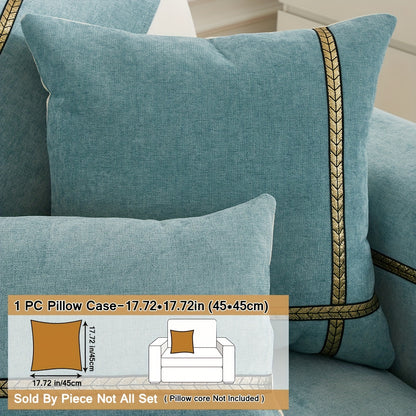 Elegant gray chenille sofa cover with golden braided trim. Non-slip, pet-friendly, and fits single to four-seater sofas. Perfect for all-season use as an elegant home decor in the living room.