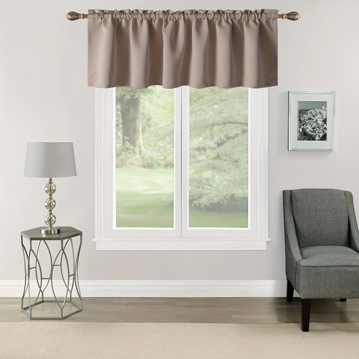 One piece of solid rod pocket valance curtain with a rod cover design suitable for use in the kitchen, bedroom, or bathroom.