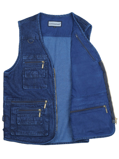 Men's sleeveless denim vest with multi-zipper design, made of 100% cotton. Perfect for outdoor spring and fall wear, casual and trendy.