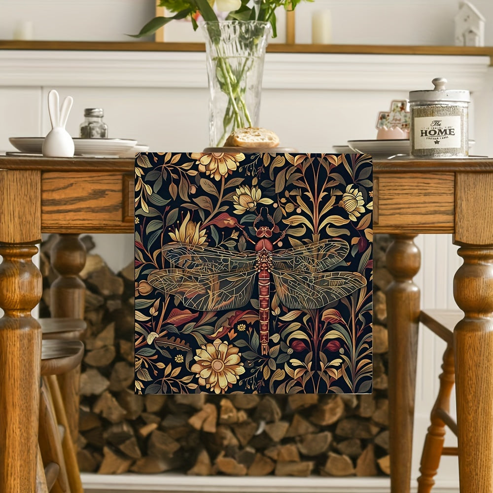 Elegant William Morris dragonfly floral table runner made from polyester for kitchen, dining room, parties, and home decor. Ideal for tabletop decoration.