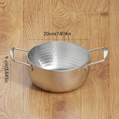 A stainless steel soup pot with two handles for home use, perfect for cooking instant noodles and boiling milk on a gas stove, in a shiny silver color.