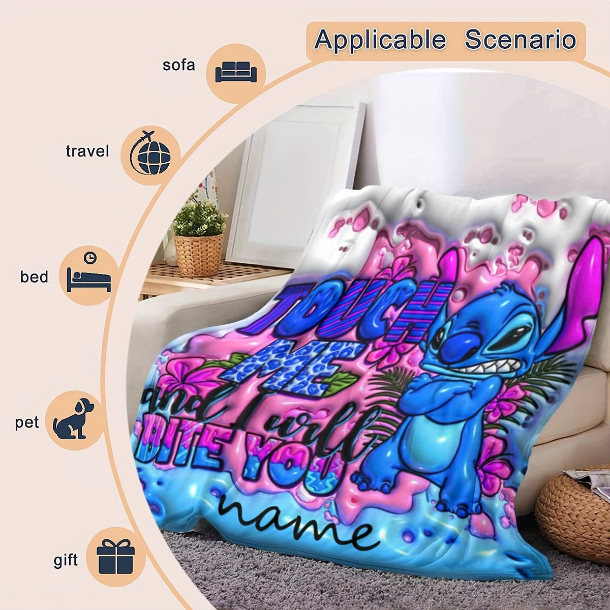 This ultra-soft and durable fleece throw blanket features a custom name print, with a contemporary style in mixed colors and an anime theme. It is reversible and suitable for all seasons, making it a versatile and multi-purpose addition to your home.