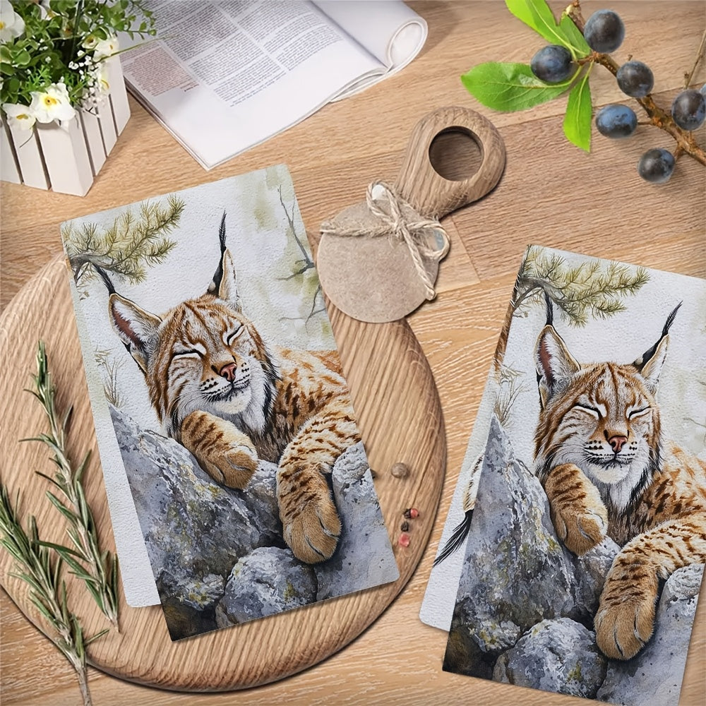 Set of 2 Ultra Soft Kitchen Towels featuring a Serene Lynx Resting on Rock Design, Perfect for Drying Dishes. Highly Absorbent & Machine Washable, Adds a Contemporary Coastal Decor Touch to Your Kitchen. Each Towel Measures 40.64x60.96 cm.