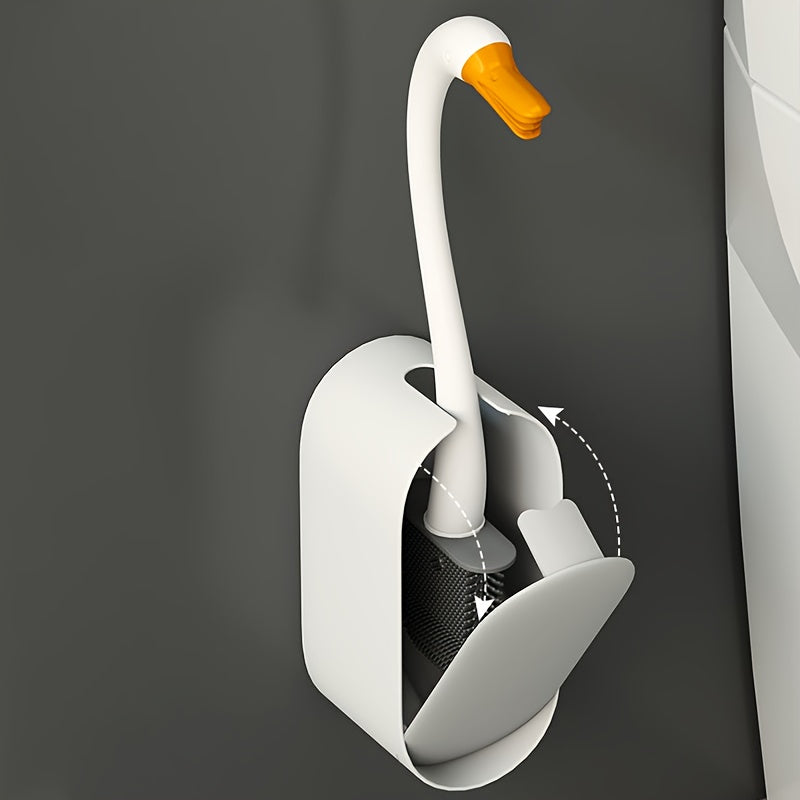 Swan-Shaped Toilet Brush Set with Holder, Plastic Bathroom Cleaning Tool Kit featuring a Creative Design. This Home No-Dead-Corner Bowl Scrubber is Durable, Non-Electric, and Reusable with a Medium Firmness - Includes Multiple Components for Complete