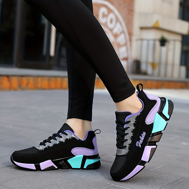 Women's Colorblock Sports Shoes: Casual lace-up sneakers for running and walking with breathable design.