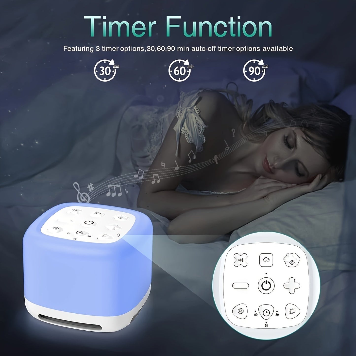 Sleep peacefully anywhere with our Rechargeable Portable Sleep Sound Machine. Featuring a 7 Colors Night Light, Wireless Speaker, and 40 Soothing Sounds including White Noise.