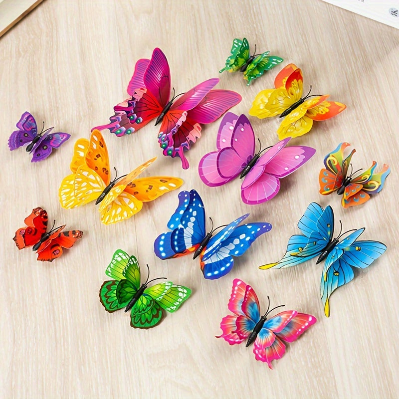 12 pieces of 3D magnetic butterfly wall stickers made of contemporary animal print PVC with a metal surface. They are self-adhesive, reusable, irregularly shaped, and have a matte finish. Suitable for home and kitchen decor.