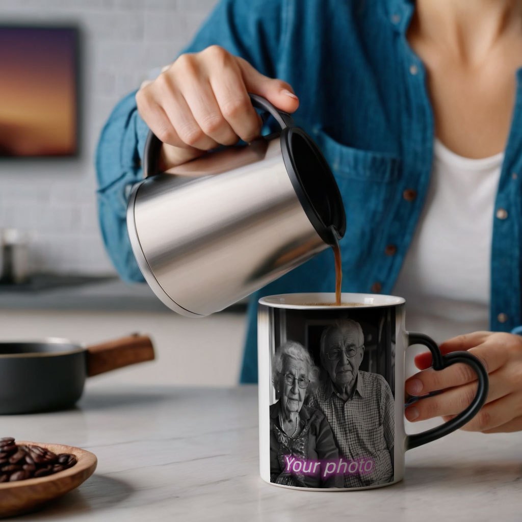 Customized color-changing mug with heart handle - perfect for Father's Day, Mother's Day, and seasonal gifts.