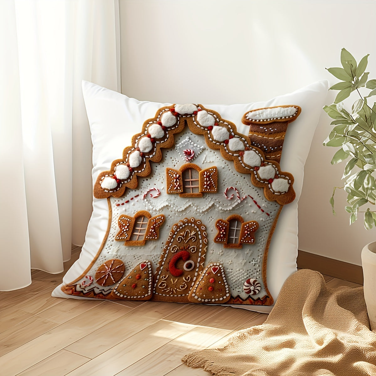 1PC Contemporary Gingerbread House Throw Pillow Cover, 100% Polyester with Zipper Closure, Machine Washable - Festive Christmas Design, 45.72x45.72 cm. Ideal for Living Room, Sofa, Farmhouse, Porch.