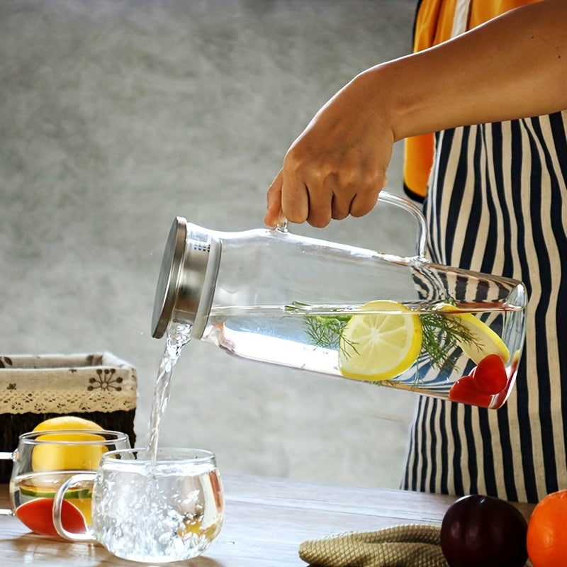 Large glass pitcher with lid and spout, perfect for hot/cold beverages like coffee, juice, and homemade drinks. Great holiday gift for friends, kitchen accessory.