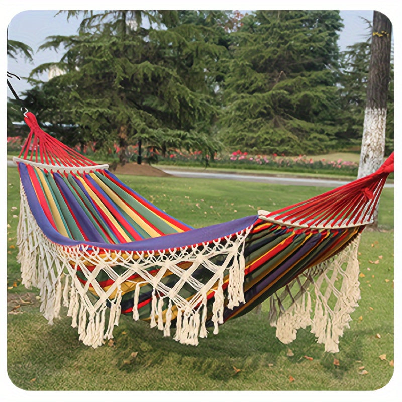 Tusheng Bohemian Style Hammock with Fringe, Cotton Blend Fabric, Thick Ropes, 204.12KG Capacity, Outdoor/ Garden/ Patio/ Wedding Decor, Includes Carry Bag.