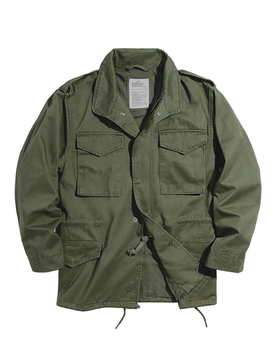 Cotton M65 jacket for men: vintage style with multiple pockets and drawstring waist & hem. Ideal for casual outings and outdoor activities, machine washable.