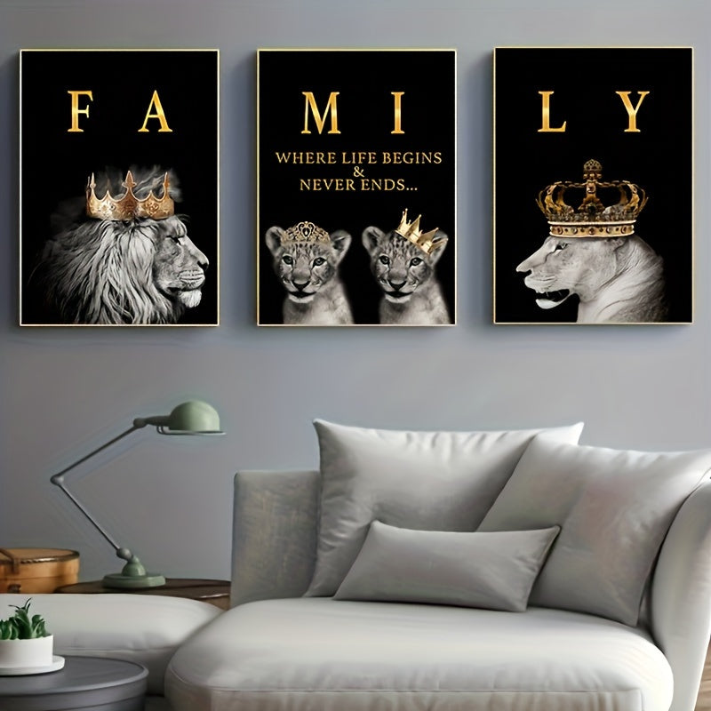 Modern abstract lion family canvas painting, 3 pieces, 15.7*23.6in/40cm*60cm, motivational quotes, frameless, for living room decor.