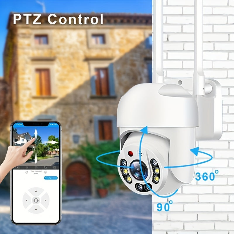 Уличная Wi-Fi PTZ CCTV камера с автоотслеживанием, ИИ обнаружением движения, двусторонней интеркомом, полноцветным дневным/ночным видением, 360° панорамным наблюдением, умной домашней безопасностью.