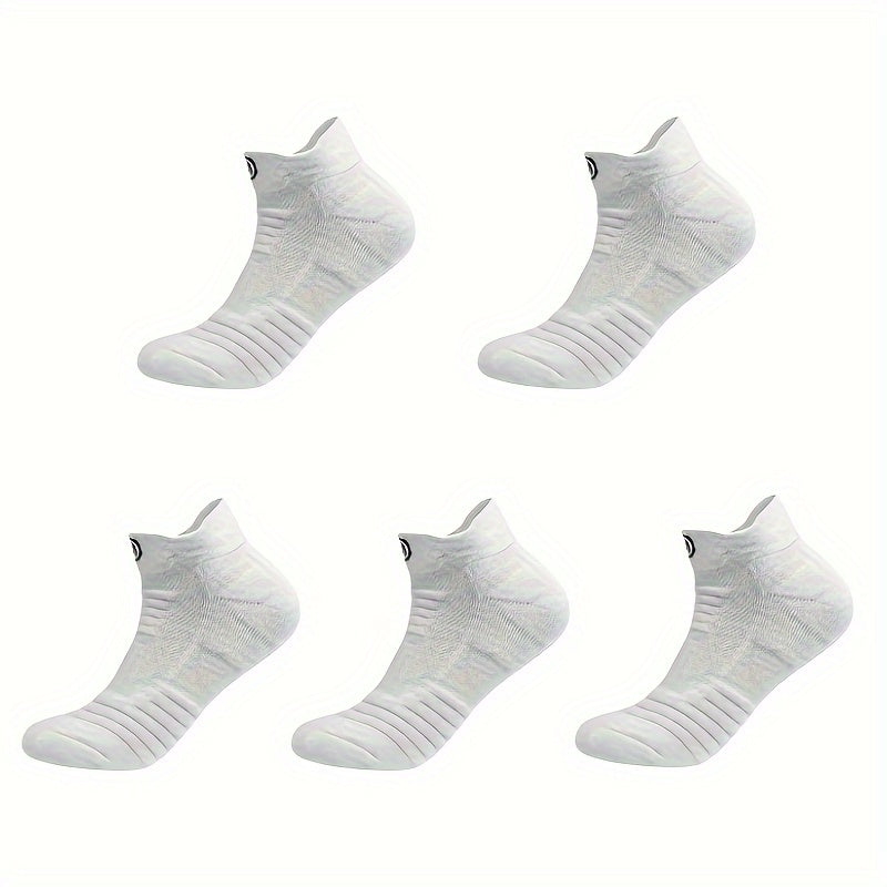 5 pairs of high-performance athletic compression socks for men in gray, black, and white. Made with breathable polyester and sweat-wicking material with a towel bottom, featuring a