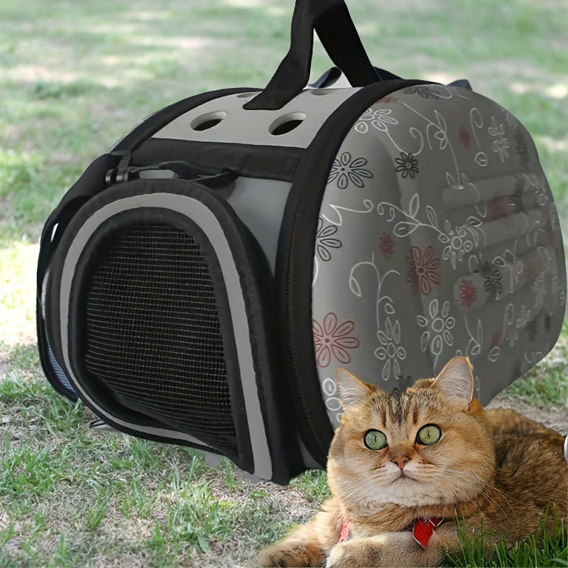 Portable, foldable cat carrier with breathable design and durable shell, ideal for outdoor adventures.